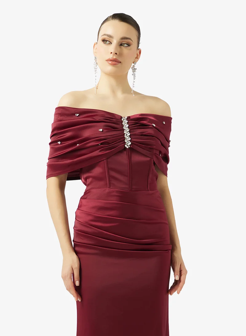 Akadia Fashion  EMBELLISHED SHOULDER SATIN DRESS for Women | Best Price UAE